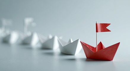 Red origami boat leading a line of white origami boats