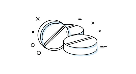 Minimalist vector illustration featuring three white round pills with score lines, accented by scattered abstract geometric shapes, conveying medical and health themes.