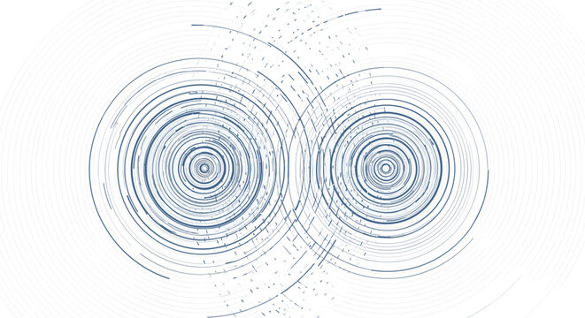Abstract visualization of two interconnected radial systems with overlapping concentric circles and radiating lines on a clean white background.