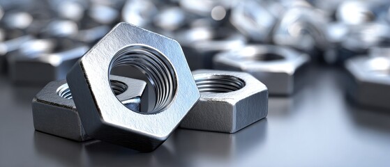 hex nut metal durable concept. Metal nuts arranged with a blurred background of more nuts, showcasing industrial materials.