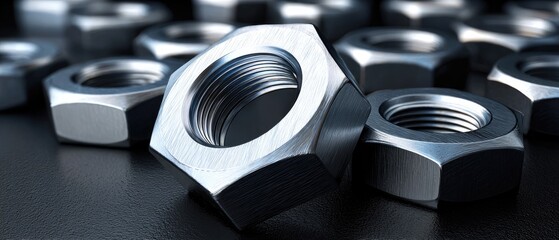 hex nut metal durable concept. Close-up of metallic nuts arranged on a surface.