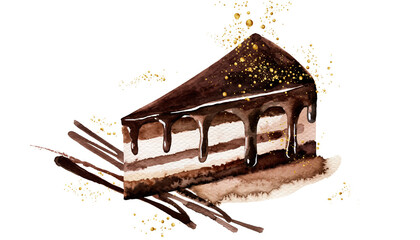 Chocolate cake slice in watercolor style, perfect for birthday card or clip art sticker