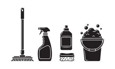 Cleaning supplies mop bucket spray bottle and sponges vector illustration