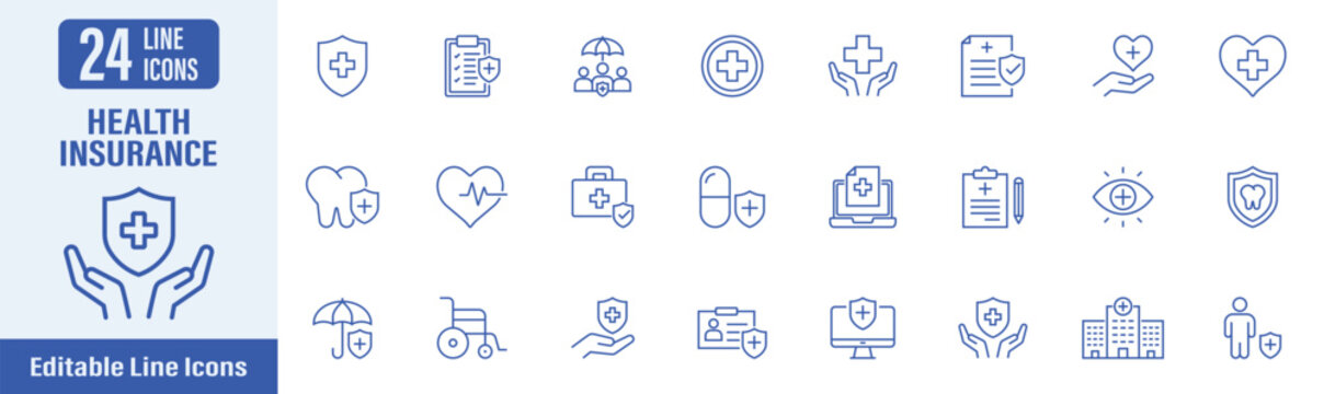 Health insurance web icons in line style. Contains icons health insurance, assurance, medication, doctor's visit, care, medical, HMO, PPO, EPO and more. Vector illustration.