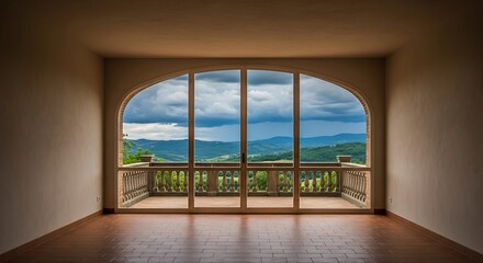 Empty square room with Panoramic countryside view through elegant arched glass doors, with terracotta tiles and stone balcony overlooking a green valley under a cloudy sky