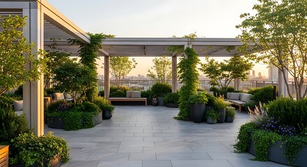 Empty square room with Stylish Rooftop Lounge with Greenery and Pergola