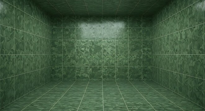 Empty square room with seamless leaf pattern green crazing ceramic porcelain tile fired in a kiln glaze bond layer