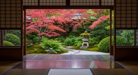 View of vibrant red and green foliage in a meticulously manicured garden, framed by the serene interior of a traditional Japanese home
