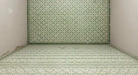 Empty square room with Seamless vintage green and white geometric tiled floor with a worn effect