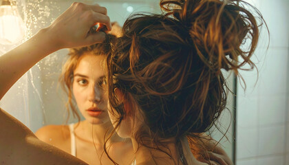 woman brushing her hair