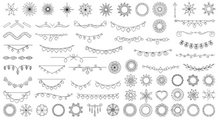 Assortment of hand-drawn line art decorative elements, including snowflakes, garlands, wreaths, and borders.