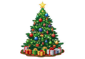 Obraz premium Decorated Christmas tree with colorful ornaments and gifts isolated on a white background.