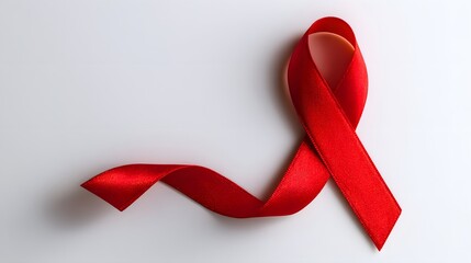 Single bright red awareness ribbon lies diagonally across a clean white background