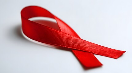Bright red awareness ribbon rests on a clean white surface emphasizing a cause