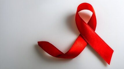 Vibrant red awareness ribbon rests diagonally on a clean, light gray surface