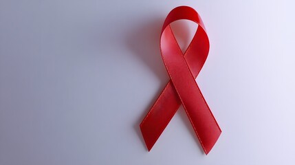 Single vibrant red awareness ribbon positioned on a light surface with copy space.