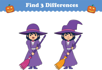 Education game for children find three differences between two kids halloween. Vector illustration
