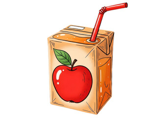 Illustration of an apple juice box with a red straw isolated on transparent background. Delicious apple juice box with red straw for refreshing beverage and healthy snack illustration