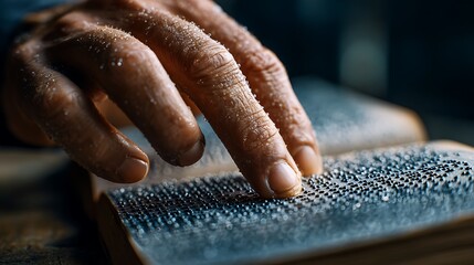 Person Reading Braille Book with Fingertips for Literacy Concept