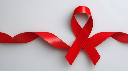 Bright red awareness ribbon symbolizing support is carefully placed on a light background