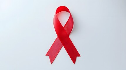 Bright red awareness ribbon rests centrally against a light neutral background