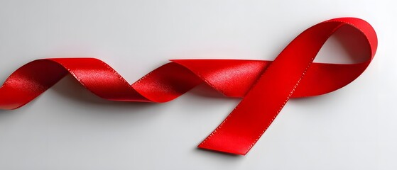 Silky red awareness ribbon loops gracefully across a bright, neutral background