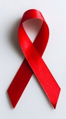 Bright satin awareness ribbon folded into a loop shape rests on a pale background