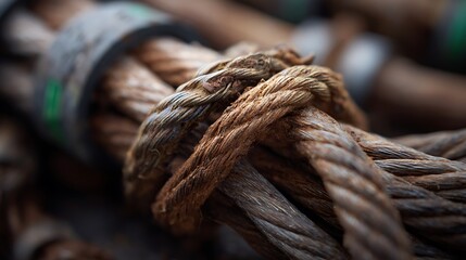 Close Up of Old Rusty Cable with Metal Ring Showing Intertwined Strands