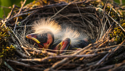 Obraz premium Macro close-up of a newly hatched songbird chick covered in fine down, lying in a nest made of twigs and moss, warm soft lighting