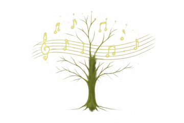 Tree of music growing with glowing golden notes and treble clef, abstract fantasy nature sound concept art