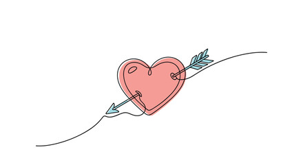 Continuous line drawing of a heart pierced by an arrow, symbolizing love, romance, and emotion on a white background.
