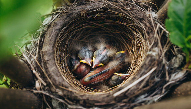 Macro photo of a sparrow nest with tiny baby birds cuddled together, soft focus background, detailed feathers and twigs