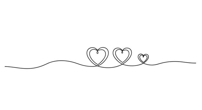 Three abstract hearts drawn with a single continuous line, depicting love, family, and connection in varying sizes, against a white background.