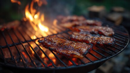 Grilling Pork Belly Over Open Fire Cooking Delicious Crispy Meat