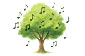 Green watercolor tree creating music and sound, musical notes flowing from nature, singing forest concept