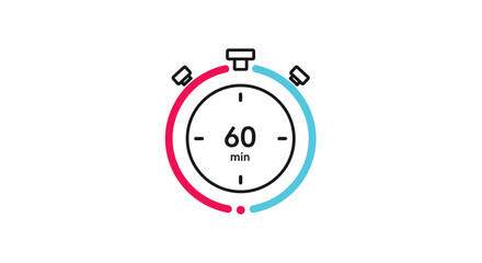 A minimalist line art stopwatch icon displaying '60 min' with a split red and blue circular timer, representing time and duration.