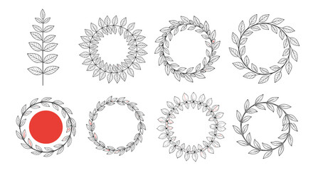A diverse set of hand-drawn botanical wreaths and a single leaf branch, featuring black and white designs with subtle red accents.