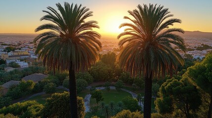 Two palm trees frame a city sunset over a park