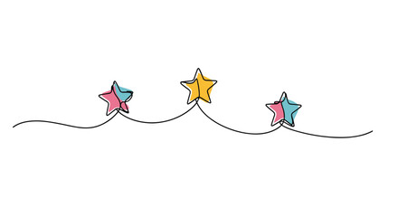 A charming continuous line drawing features three colorful stars, one yellow and two split pink and blue, linked by a flowing black line on a clean white background.