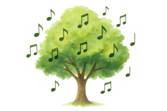 Green watercolor tree creating music and sound, musical notes flowing from nature, singing forest concept
