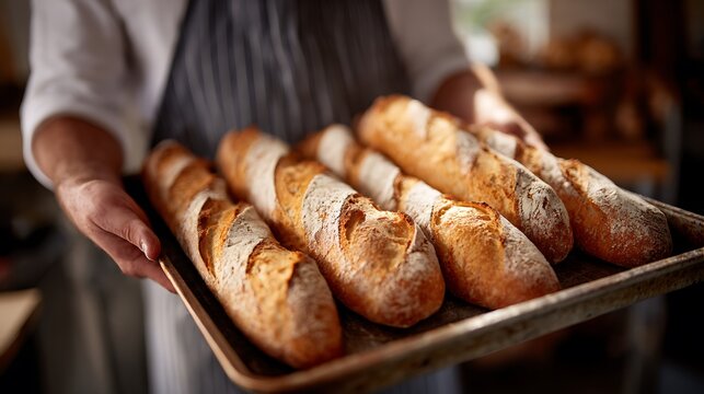 Holding Freshly Baked Baguettes on Tray in Bakery Setting