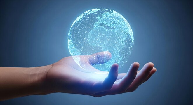 Hand holding glowing global business connection