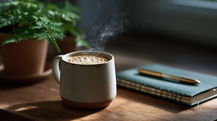 Enjoying Hot Coffee with Notebook and Pen on Wooden Desk