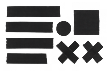 Black adhesive tape pieces forming different shapes and cross marks, isolating elements on transparent background