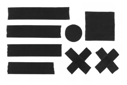 Black adhesive tape pieces forming different shapes and cross marks, isolating elements on transparent background