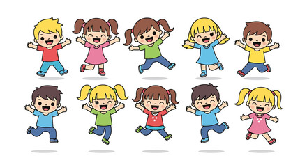 Cheerful group of diverse cartoon children happily jumping and playing together, radiating joy and youthful energy, ideal for educational, fun, or community-themed designs and projects