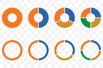 Circle division infographic icon set. Pie chart divided. Color pizza or donut round diagram. Infographic wheel segment and fraction. Vector illustration isolated on white background.