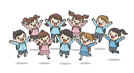 Naklejka premium Happy School Children Jumping for Joy A Cheerful Classroom Scene