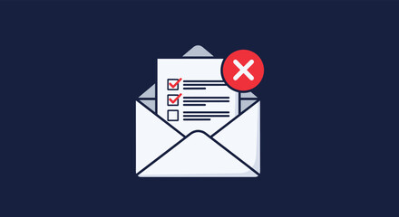 An open envelope with a checklist document and a red 'X' symbol, symbolizing a rejected application, failed process, or an incomplete form.