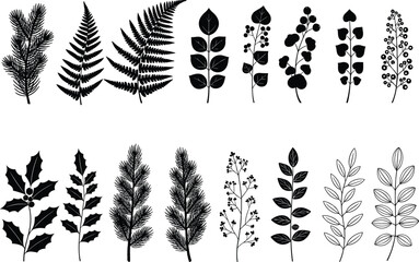 Botanical leaf and branch silhouette collection, black foliage vector set, natural plant sprigs, holly pine floral elements, decorative flat cad illustration